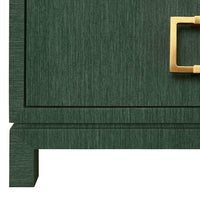 Two Drawer Side Table With Large Satin Brass Square Hardware In Green Dyed Grasscloth With Glass Top.