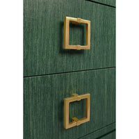 Two Drawer Side Table With Large Satin Brass Square Hardware In Green Dyed Grasscloth With Glass Top