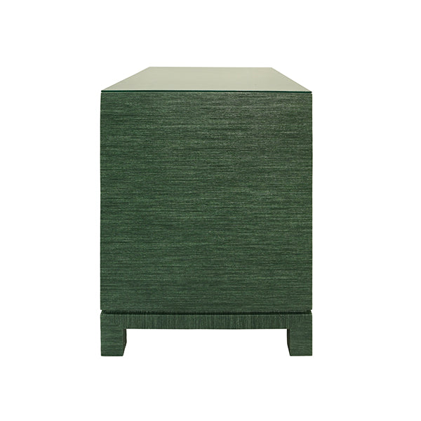 Two Drawer Side Table With Large Satin Brass Square Hardware In Green Dyed Grasscloth With Glass Top