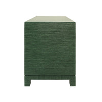 Two Drawer Side Table With Large Satin Brass Square Hardware In Green Dyed Grasscloth With Glass Top