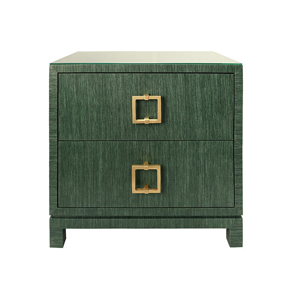 Two Drawer Side Table With Large Satin Brass Square Hardware In Green Dyed Grasscloth With Glass Top in green.