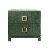 Two Drawer Side Table With Large Satin Brass Square Hardware In Green Dyed Grasscloth With Glass Top in green.