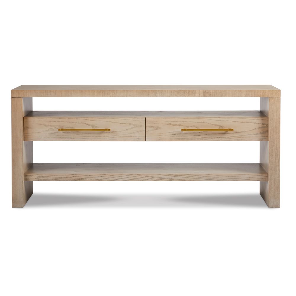 5th Avenue Console, shown in light natural oak and warm beige with wood and metal.