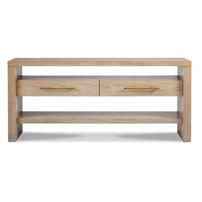 5th Avenue Console, shown in light natural oak and warm beige with wood and metal.