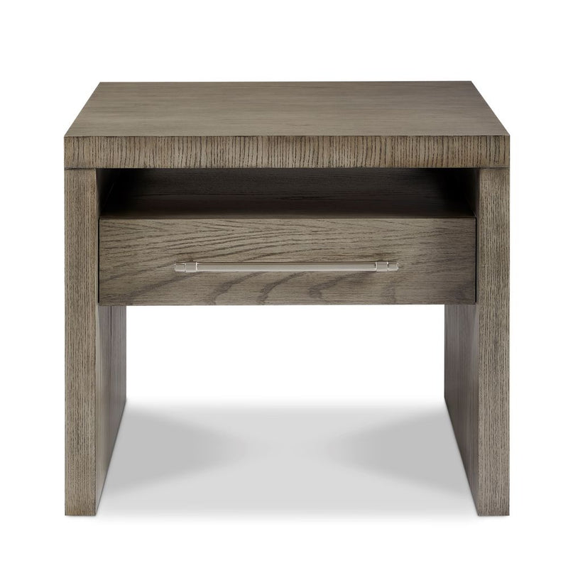 5th Avenue Lamp Table, shown in gray-brown and white with wood, metal, and single drawer with horizontal bar pull.