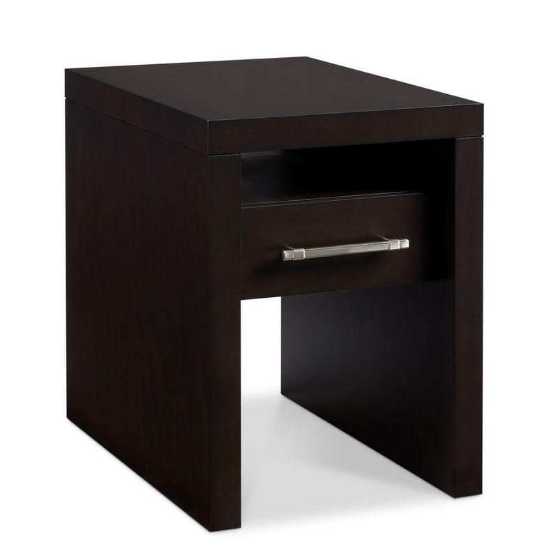 Alternate view of 5th Avenue End Table, featuring glossy lacquer, wood, metal, and single drawer with horizontal bar pull.
