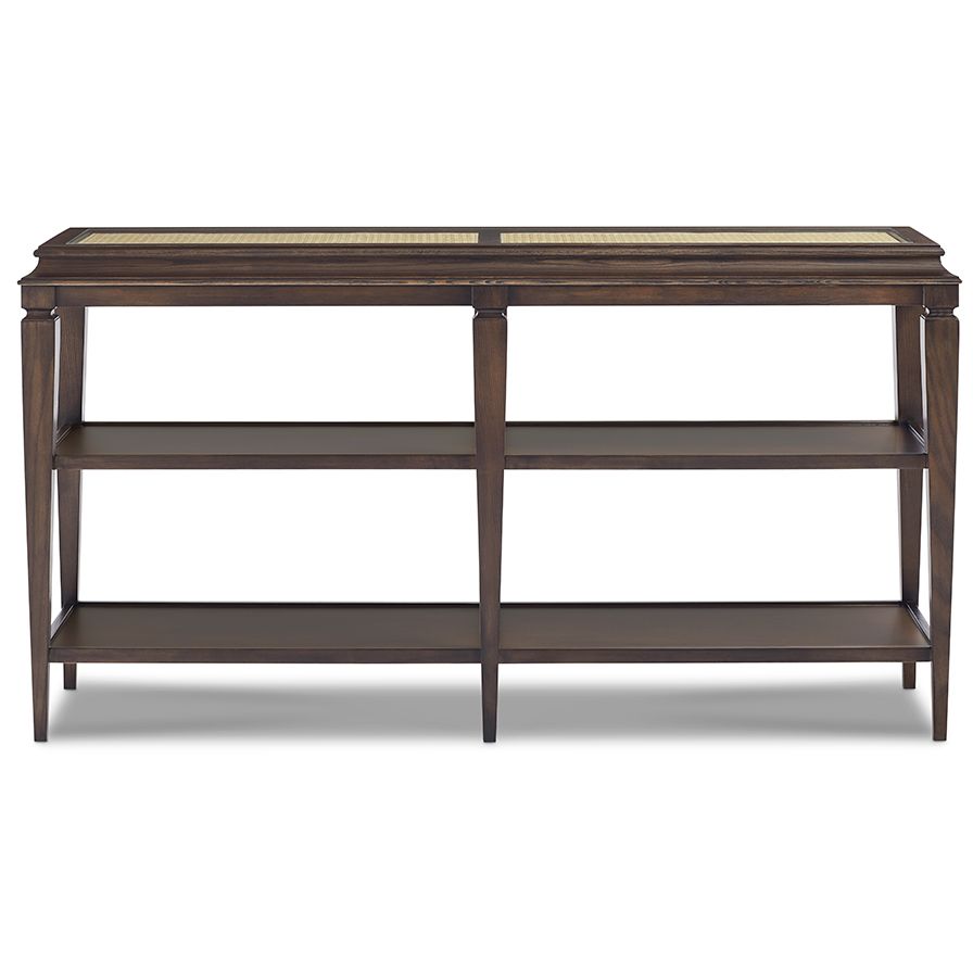 Dawson Console Table, shown in dark brown and natural beige with wood, cane, and two full-width open lower shelves.
