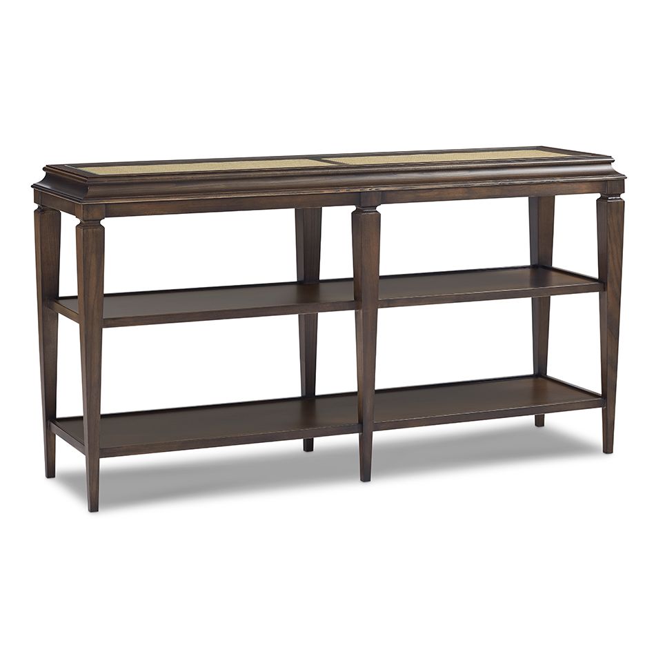 Alternate view of Dawson Console Table, featuring wood, cane, and two full-width open lower shelves.