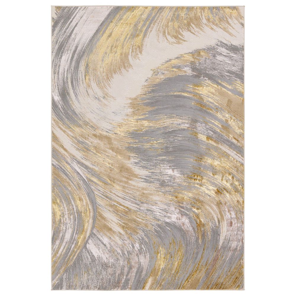 Stellan Abstract Gold/ Gray Runner Rug (3'3"X12'), shown in gold and gray with pile textile and woven synthetic fiber.