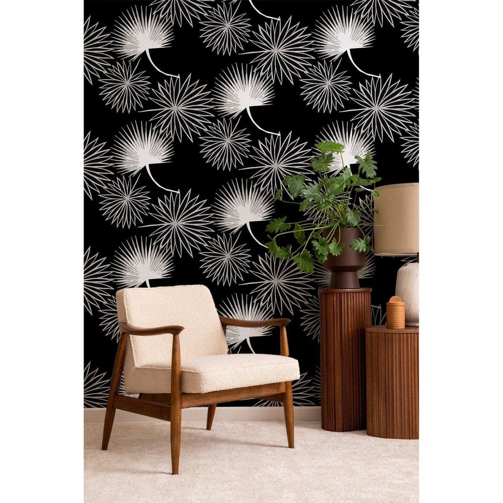 Cabbage Palm Wallpaper, shown in black and white with wallpaper, printed paper, and large-scale repeating pattern.