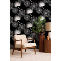 Cabbage Palm Wallpaper, shown in black and white with wallpaper, printed paper, and large-scale repeating pattern.