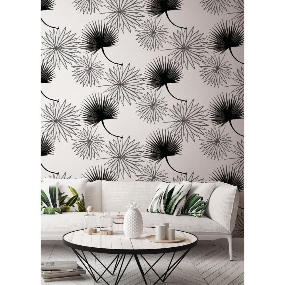 Additional view of Cabbage Palm Wallpaper in black and white, featuring matte finish and large-scale repeating pattern.