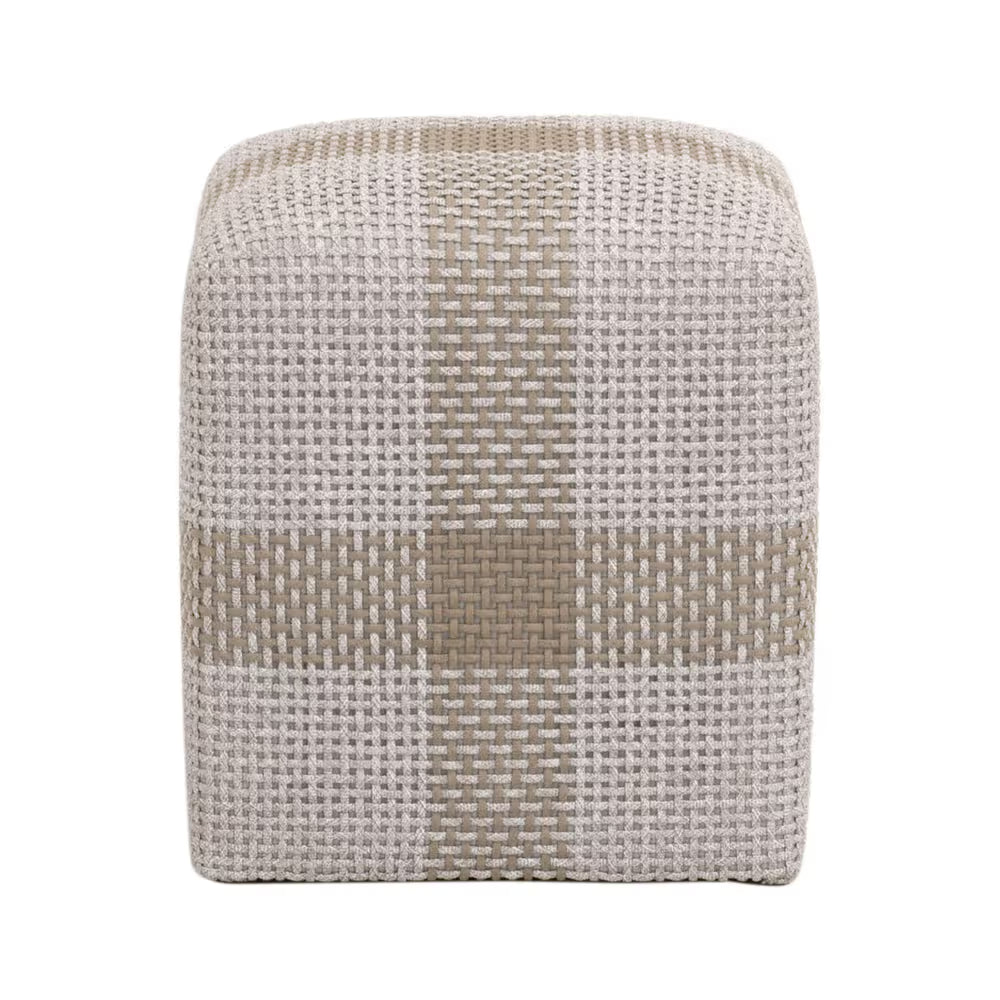 Cross Accent Cube, shown in light gray and beige with woven rope, synthetic rope, and cube ottoman form.