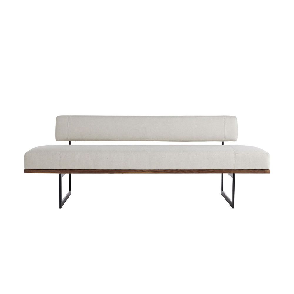 Rory Bench Bone Linen, shown in bone ivory and warm walnut brown with linen fabric and wood.