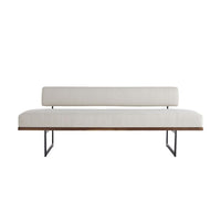 Rory Bench Bone Linen, shown in bone ivory and warm walnut brown with linen fabric and wood.