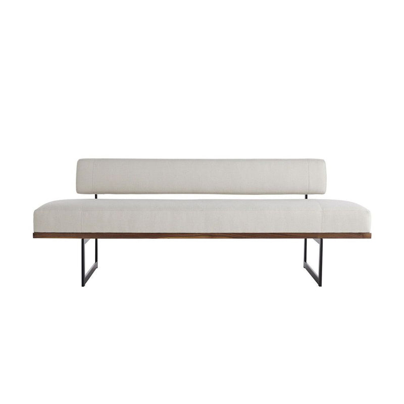 Rory Bench Bone Linen, shown in bone ivory and warm walnut brown with linen fabric and wood.