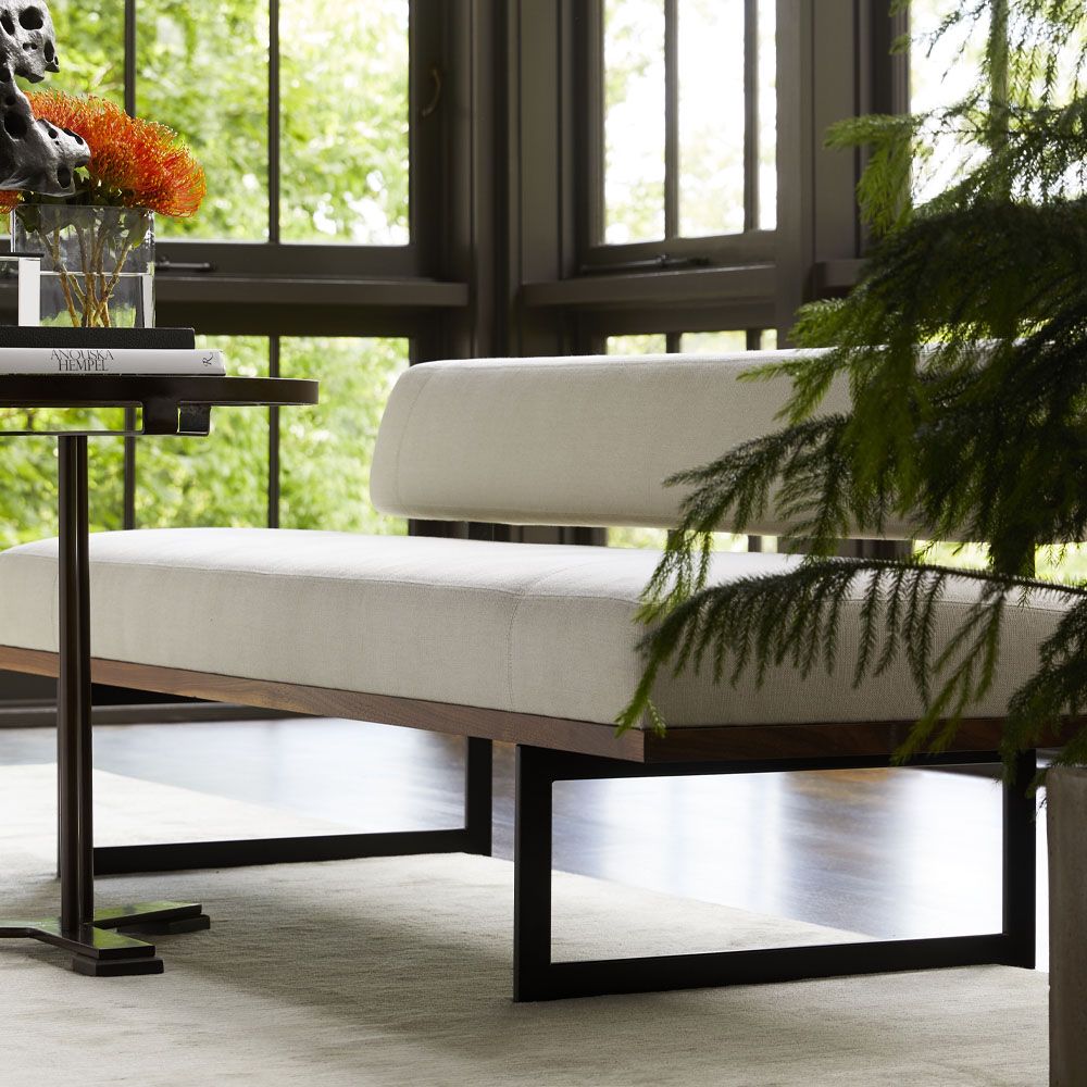 Alternate view of Rory Bench Bone Linen in bone ivory and warm walnut brown.