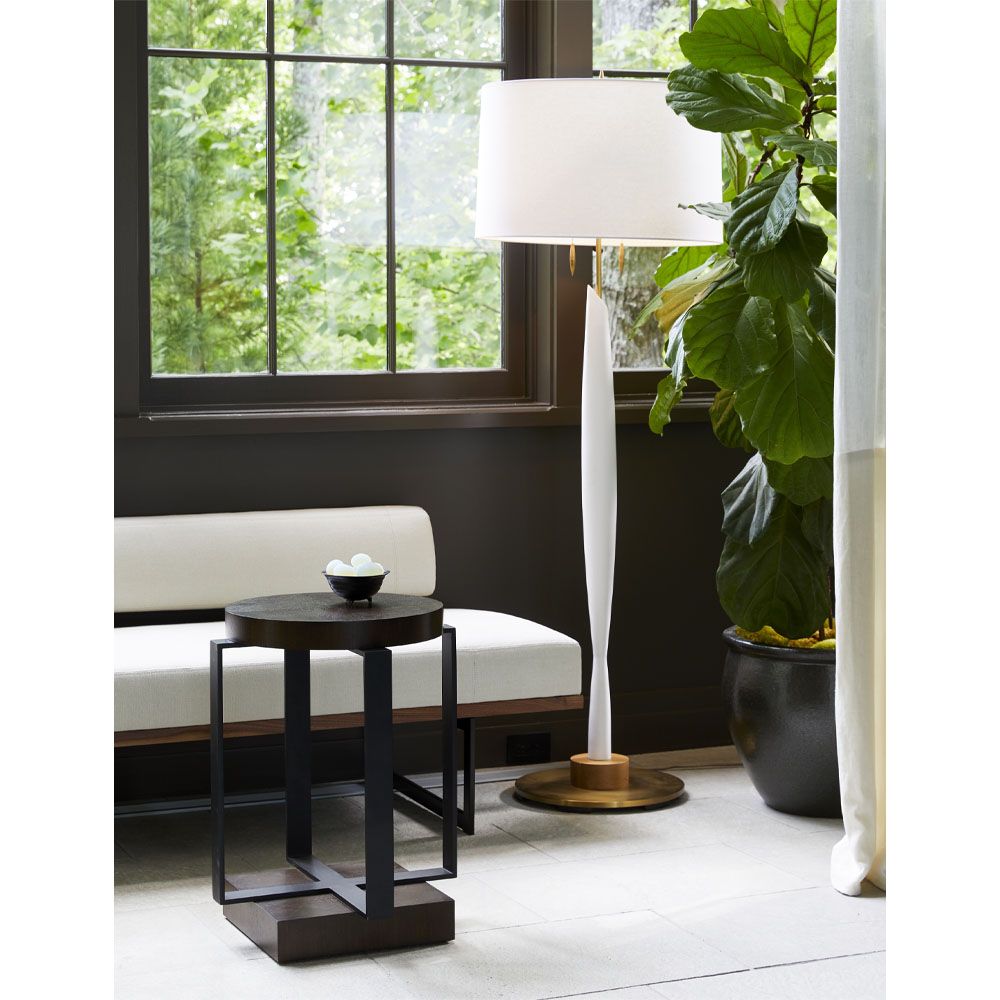 Additional view of Rory Bench Bone Linen in bone ivory and warm walnut brown.