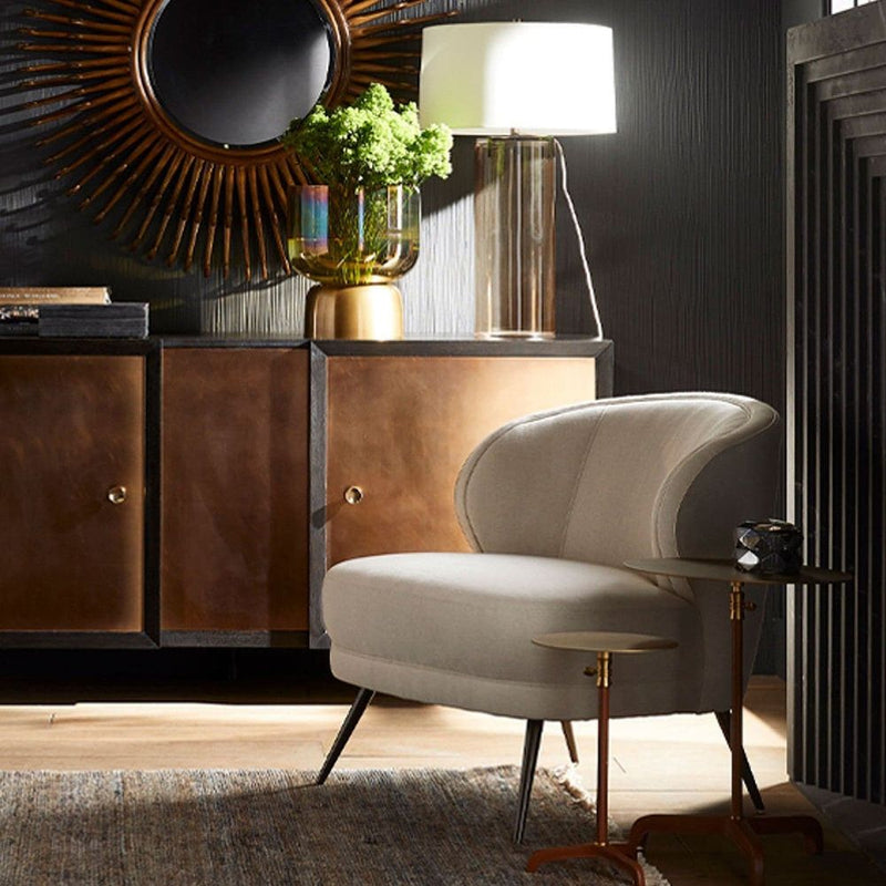 Alternate view of Vasil Accent Table in brass gold and cognac brown with slender round-top pedestal with tripod base.