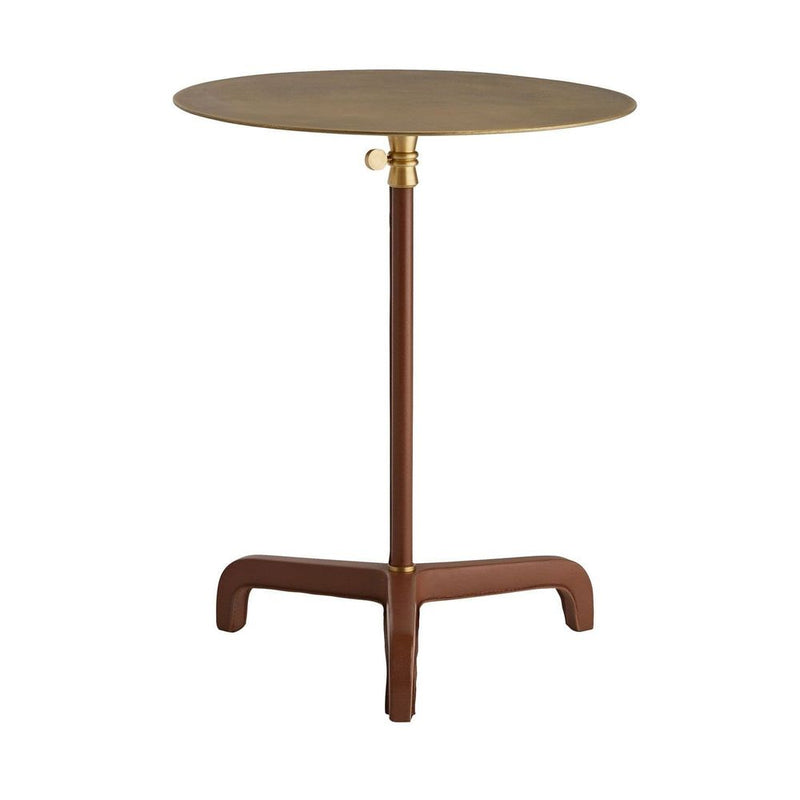 Vasil Accent Table, shown in brass gold and cognac brown with brass, leather, and height-adjustable stem with locking knob.