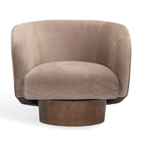 Rotunda Chair, shown in taupe-beige with velvet, wood, and a swivel pedestal base.