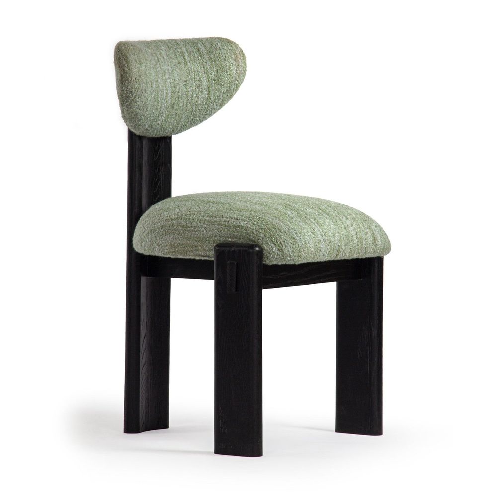 Alternate view of Elio Dining Chair, featuring bouclé fabric, wood, and armless.
