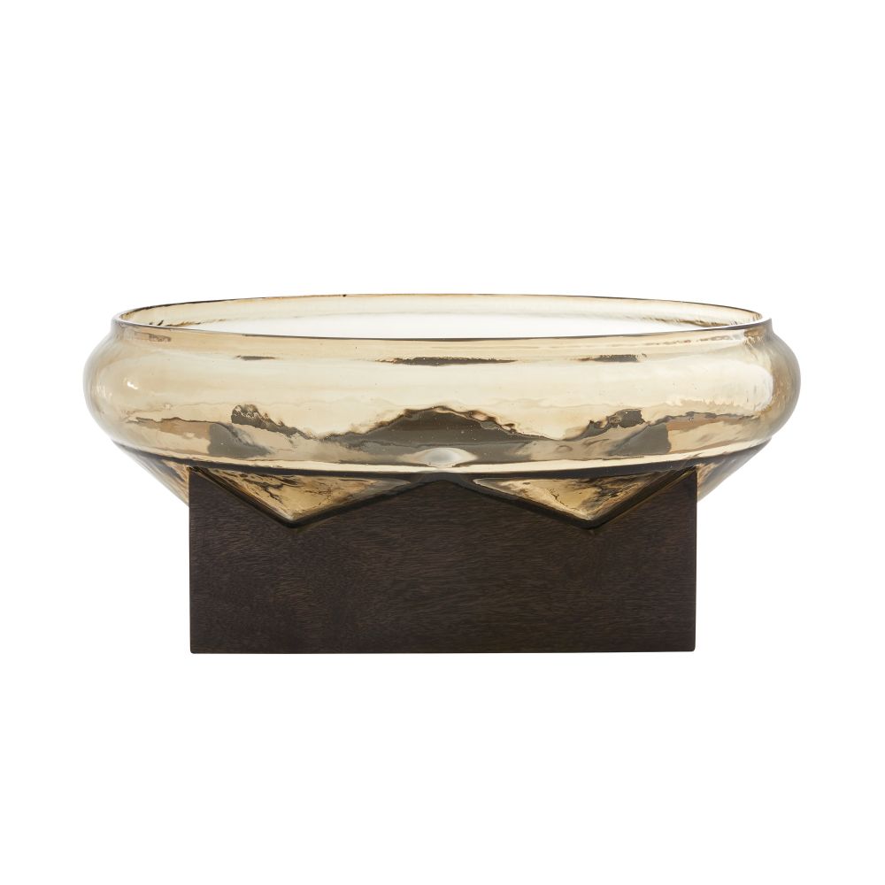 Luminosa Centerpiece, shown in amber and dark brown with glass, wood, and open vessel bowl.