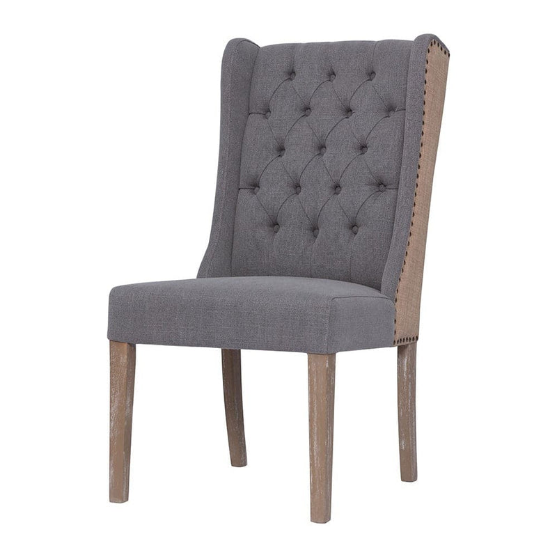 Reilly Dining Chair, shown in medium gray and natural taupe with performance fabric, wood, and armless.