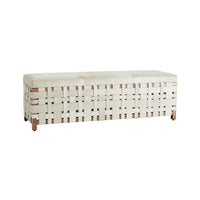 Additional view of Milo Bench, featuring handwoven basketweave finish, cowhide, hide, and backless armless bench seating.