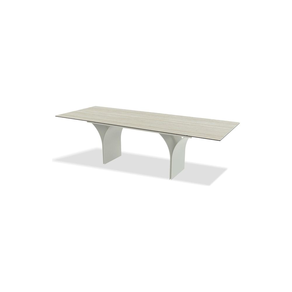 Camber Double Extension Dining Table Bianco Bocciardato Travertine Ceramic Top, Taupe Powder Coated Steel Base.
