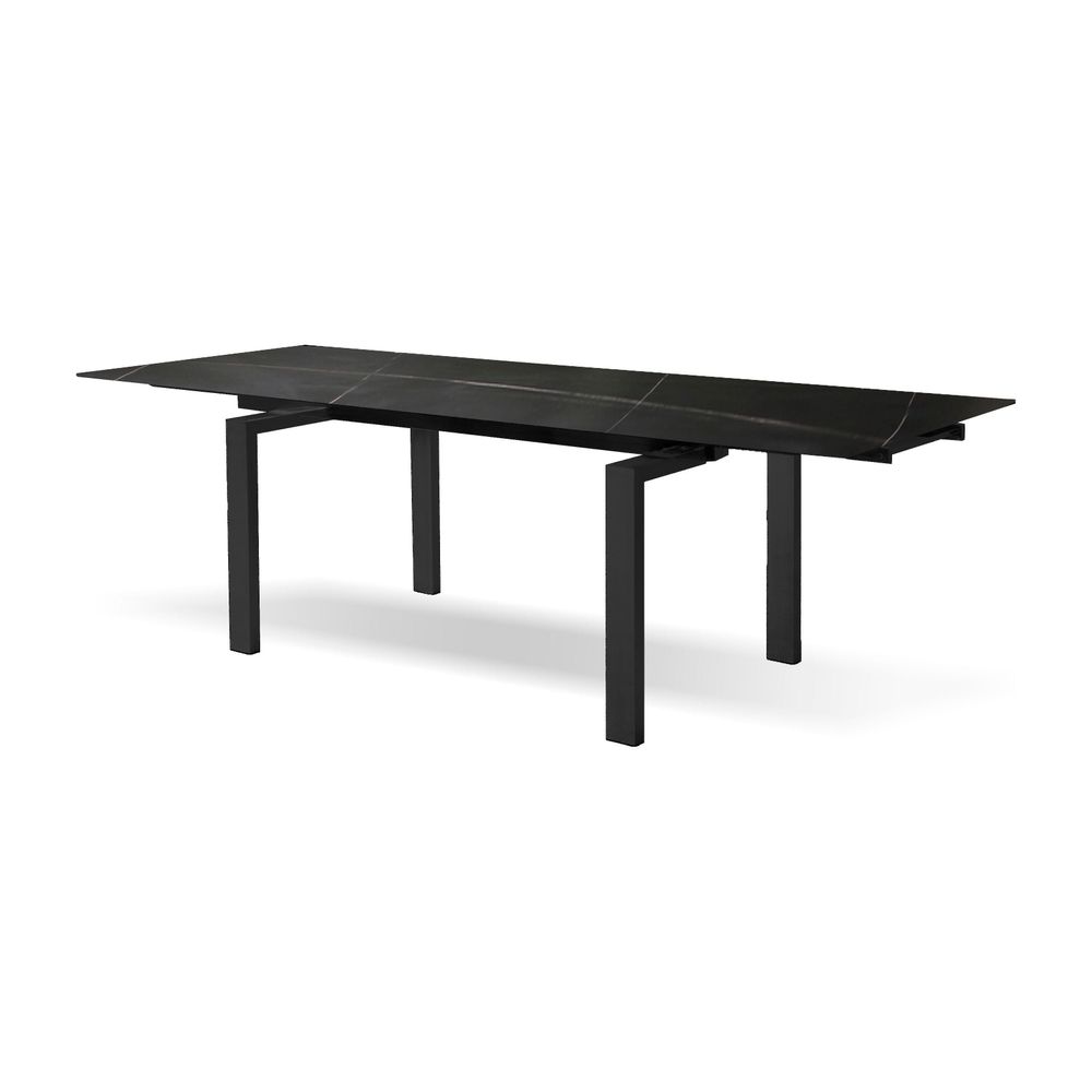 Cantro Extension Dining Table Shakespeare Black Sintered Stone, Black Powder Coated Steel Base in black.