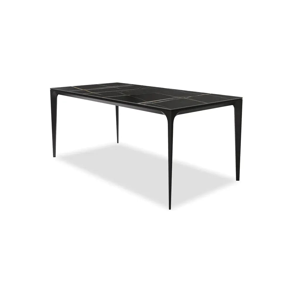 Capri Dining Table Safari Black Ceramic Top, Black Powder Coated Steel Base, shown in black with ceramic and steel.