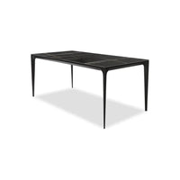 Capri Dining Table Safari Black Ceramic Top, Black Powder Coated Steel Base, shown in black with ceramic and steel.
