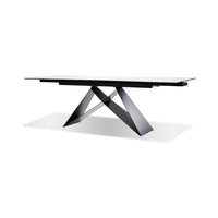 The W Double Extension Dining Table Carrara White Ceramic Top, Black Powder Coated Steel Base.