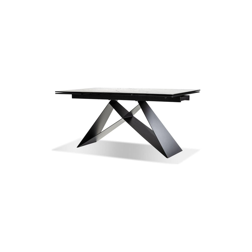 The W Double Extension Dining Table Carrara White Ceramic Top, Black Powder Coated Steel Base.
