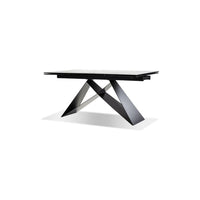 The W Double Extension Dining Table Carrara White Ceramic Top, Black Powder Coated Steel Base.