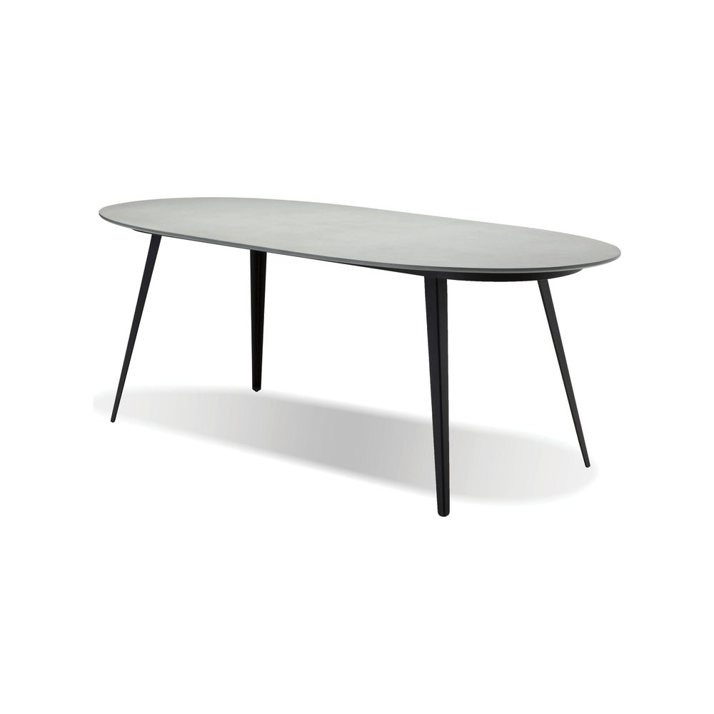 Tulum Oval Dining Table Matte Grey Epoxy Concrete Texture, Black Galvanized Steel Legs Indoor-Outdoor.