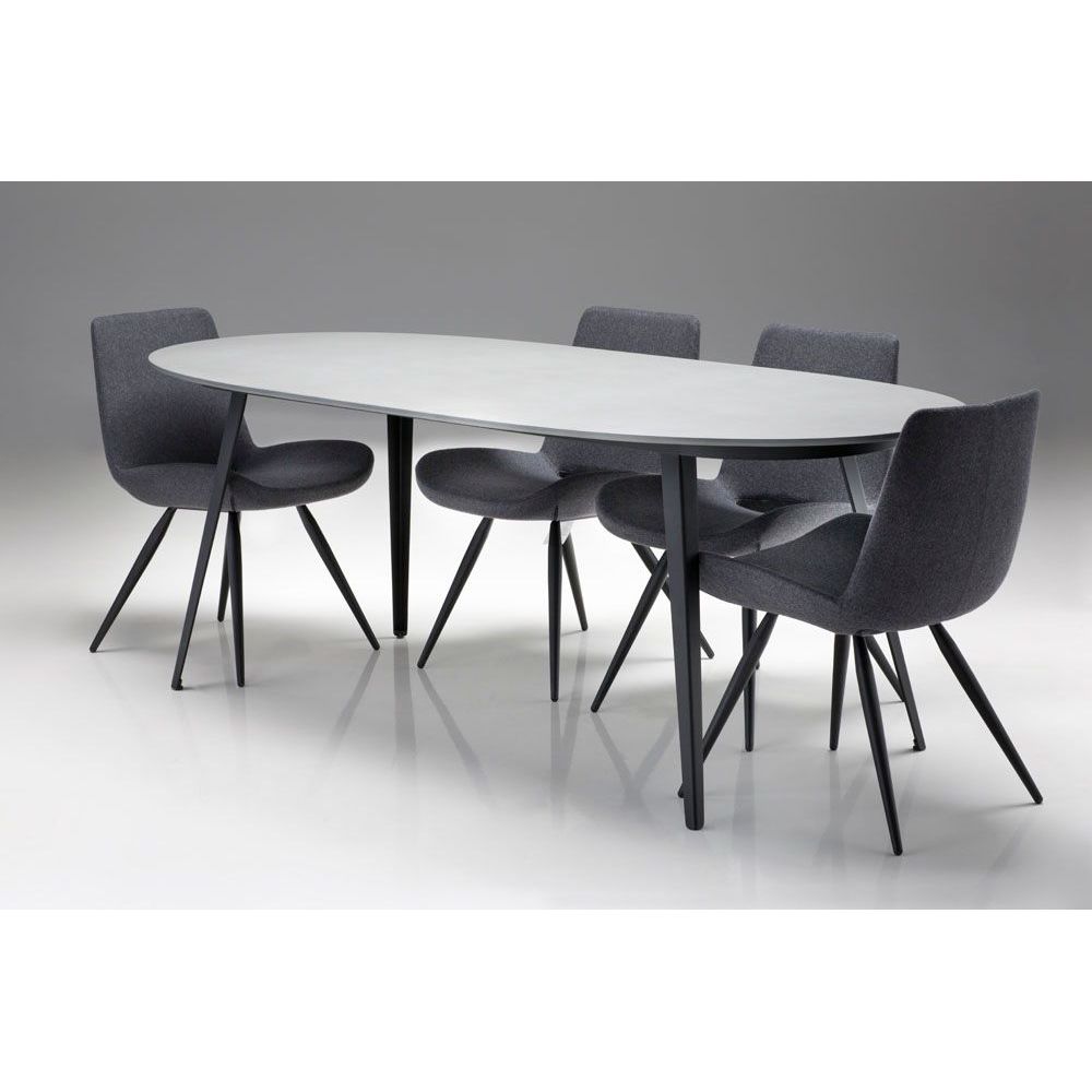 Tulum Oval Dining Table Matte Grey Epoxy Concrete Texture, Black Galvanized Steel Legs Indoor-Outdoor.