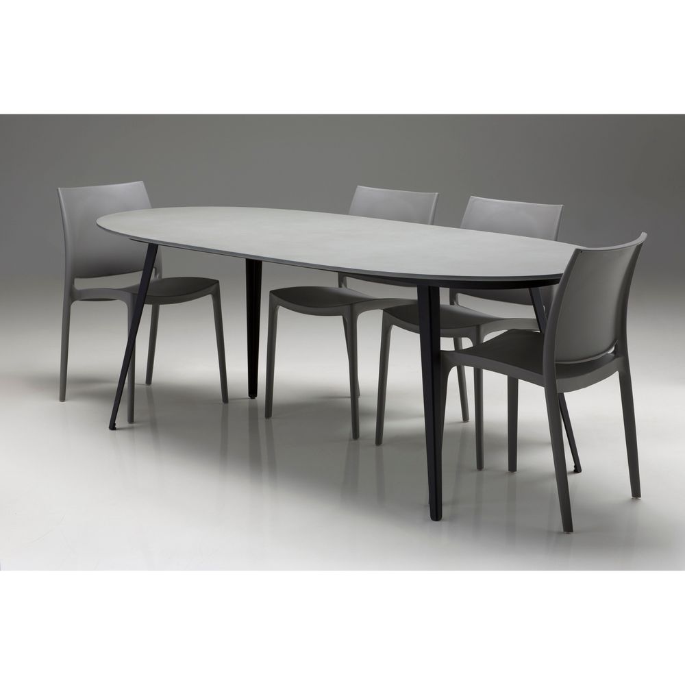 Tulum Oval Dining Table Matte Grey Epoxy Concrete Texture, Black Galvanized Steel Legs Indoor-Outdoor.