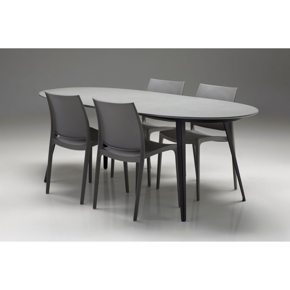 Outdoor Dining Tables Tulum Oval Dining Table Matte Grey Epoxy Concrete Texture, Black Galvanized Steel Legs Indoor-Outdoor