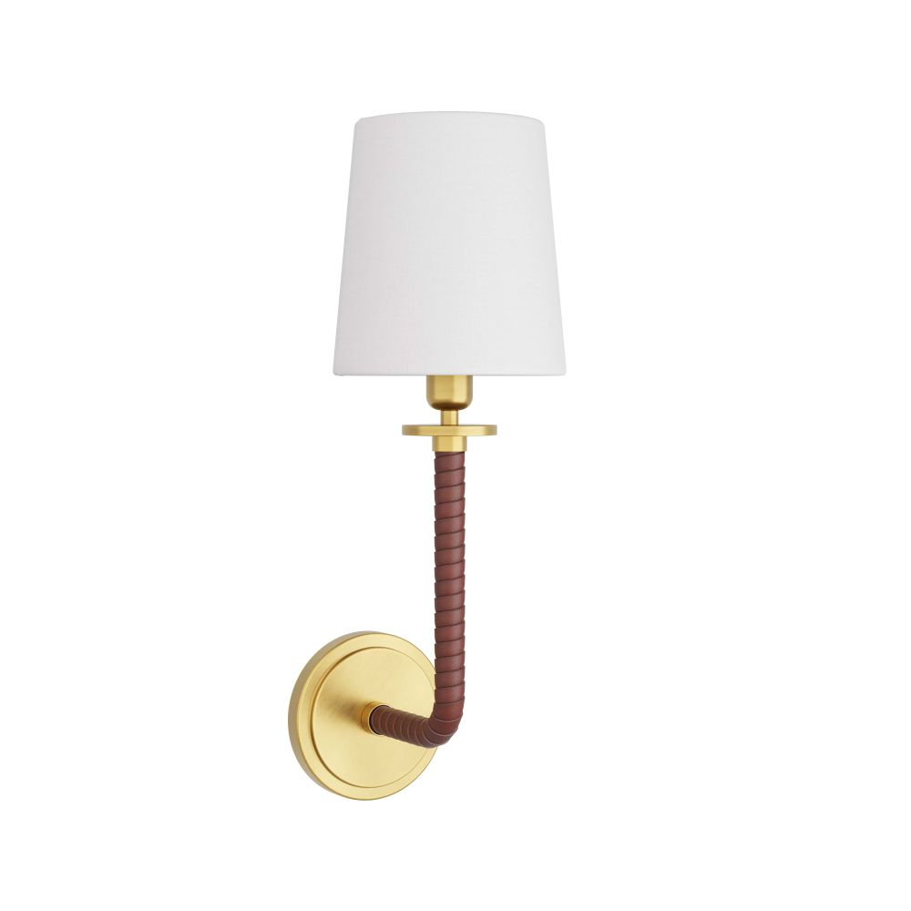 Additional view of Swell Sconce in white and brushed gold, featuring wrapped leather finish and a wall-mounting backplate.