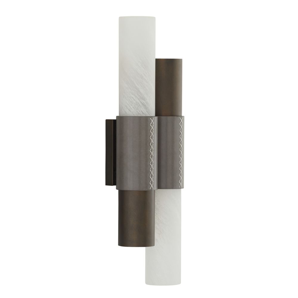 Wells Sconce, shown in bronze and charcoal gray with metal, alabaster, and wall-mounting hardware.