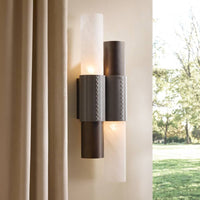 Alternate view of Wells Sconce, featuring translucent stone finish, metal, alabaster, and wall-mounting hardware.