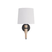 Granger Sconce, shown in matte black and natural light wood with iron, mango wood, and a wall-mounting backplate.