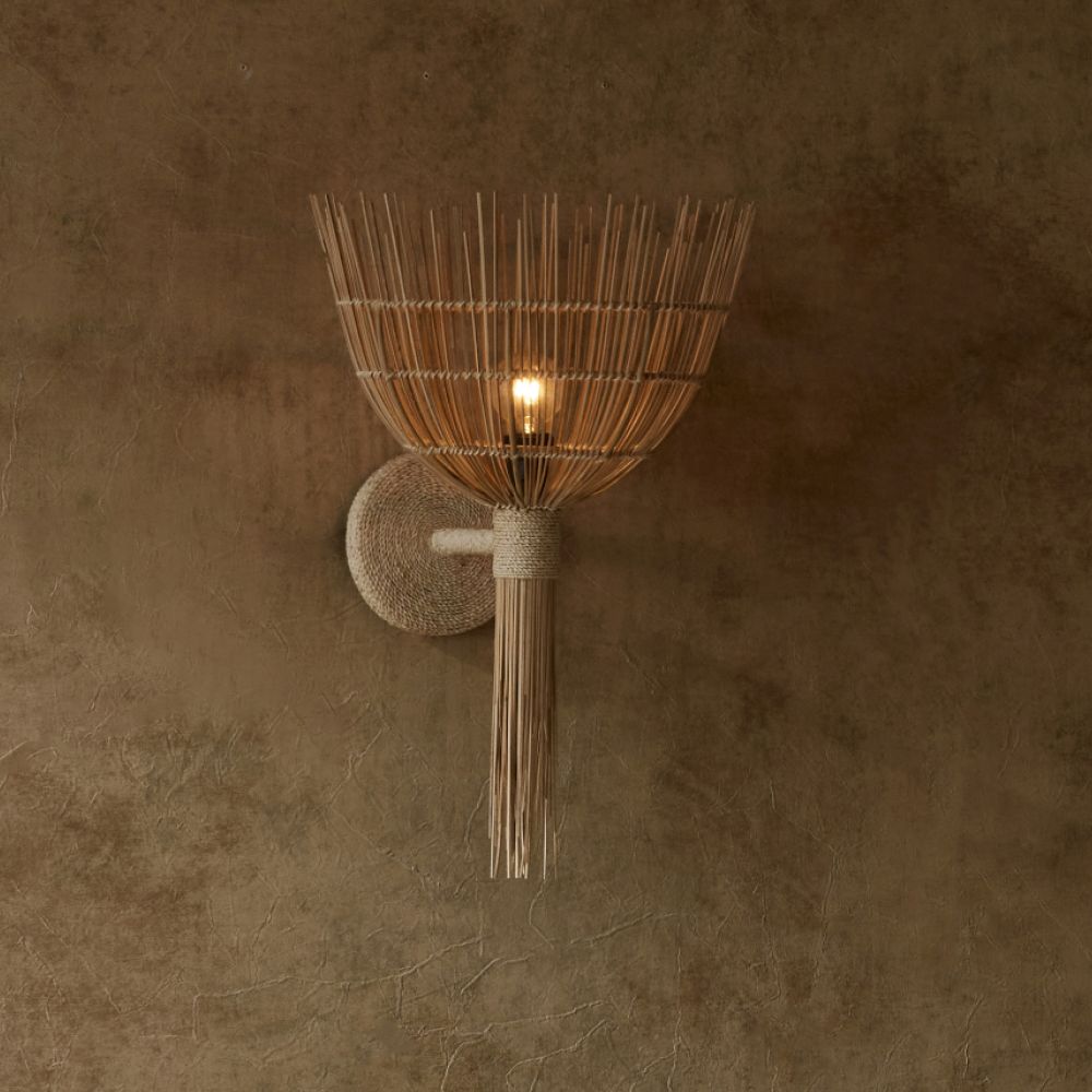 Alternate view of Ysella Sconce, featuring unfinished organic finish, rattan, cane, and a wall-mounting backplate.