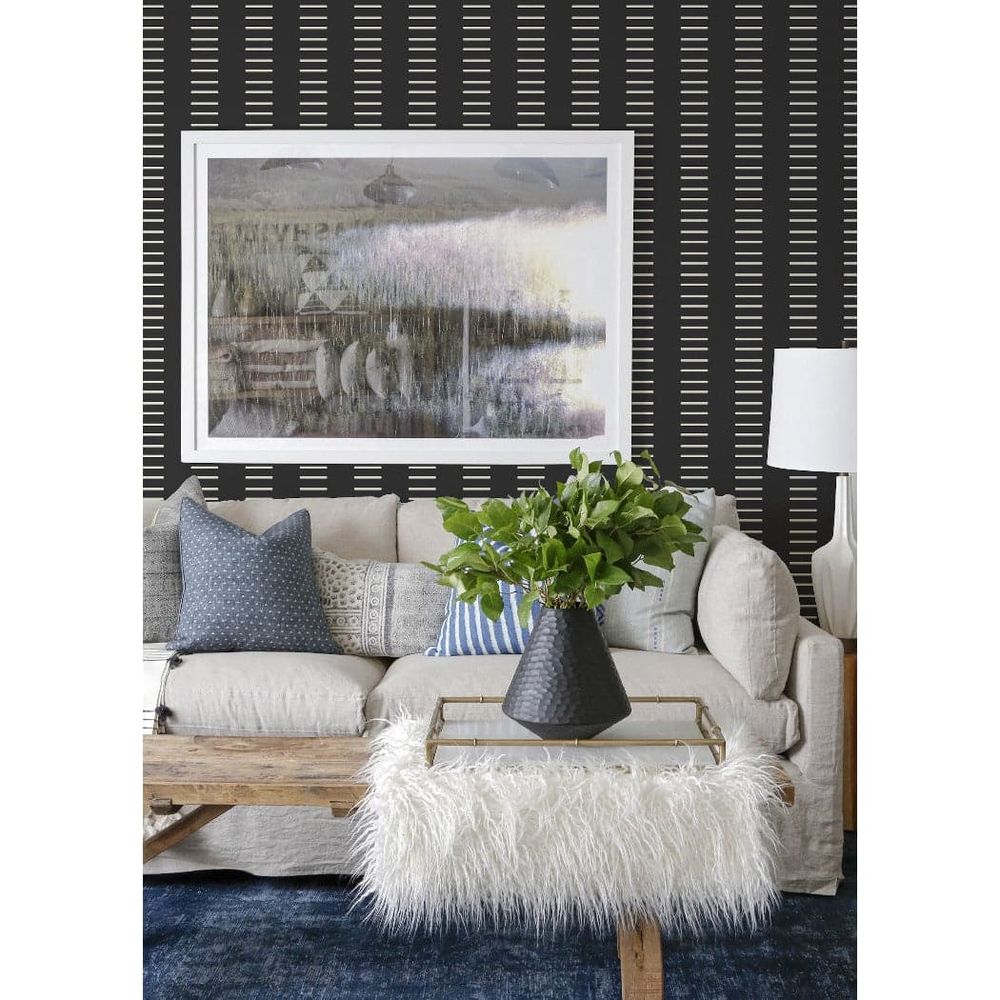 Dashing Wallpaper, shown in black and white with paper and wall-covering application.