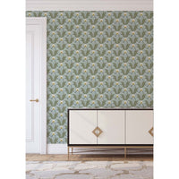 Spring Bloom Wallpaper, shown in sage green and pale pink with paper, vinyl, and 9-inch pattern repeat.