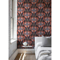 Alternate view of Dragon Flower Wallpaper in navy and terracotta with large-scale repeating symmetrical floral motif.