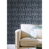Dragon Flower Wallpaper, shown in navy and terracotta with paper.