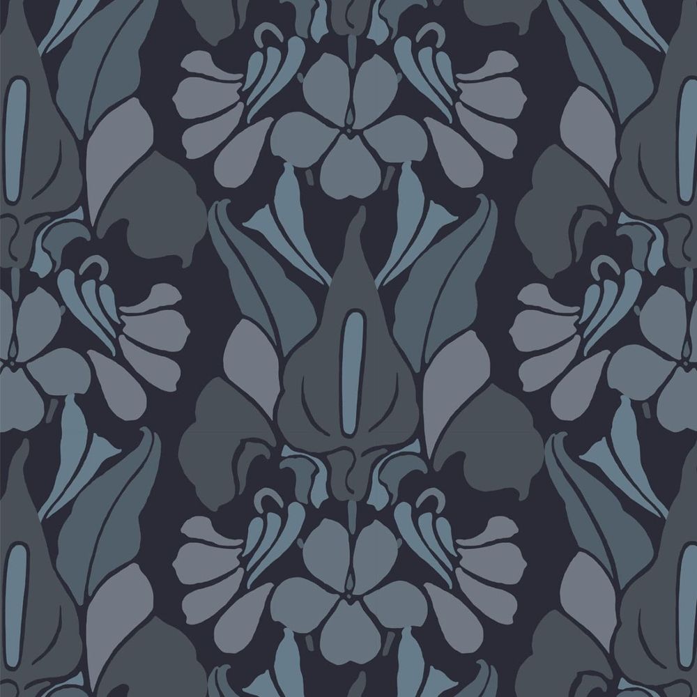 Additional view of Dragon Flower Wallpaper, showing large-scale repeating symmetrical floral motif in navy and terracotta.